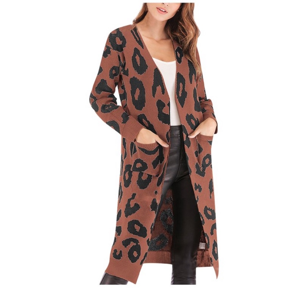 Animal leopard printed Knitted long line duster open front cardigan sweater